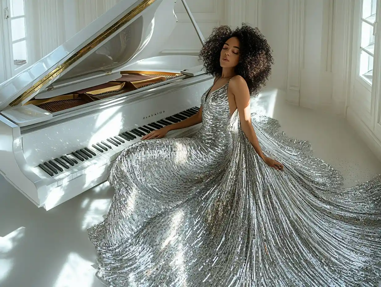 Low angle fashion portrait by a white piano in studio