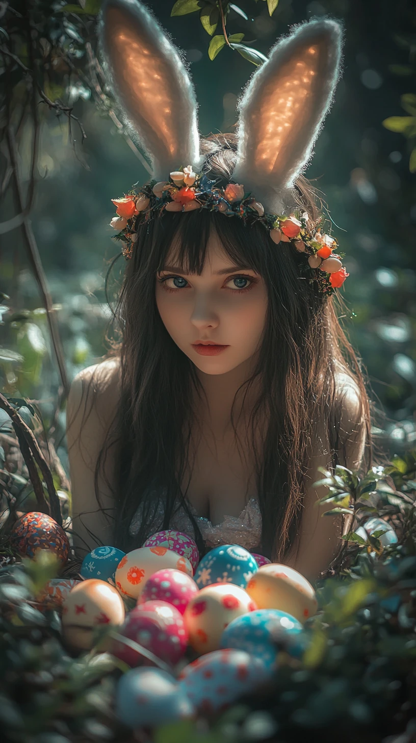 Young lady in easter bunny costume in dark forest