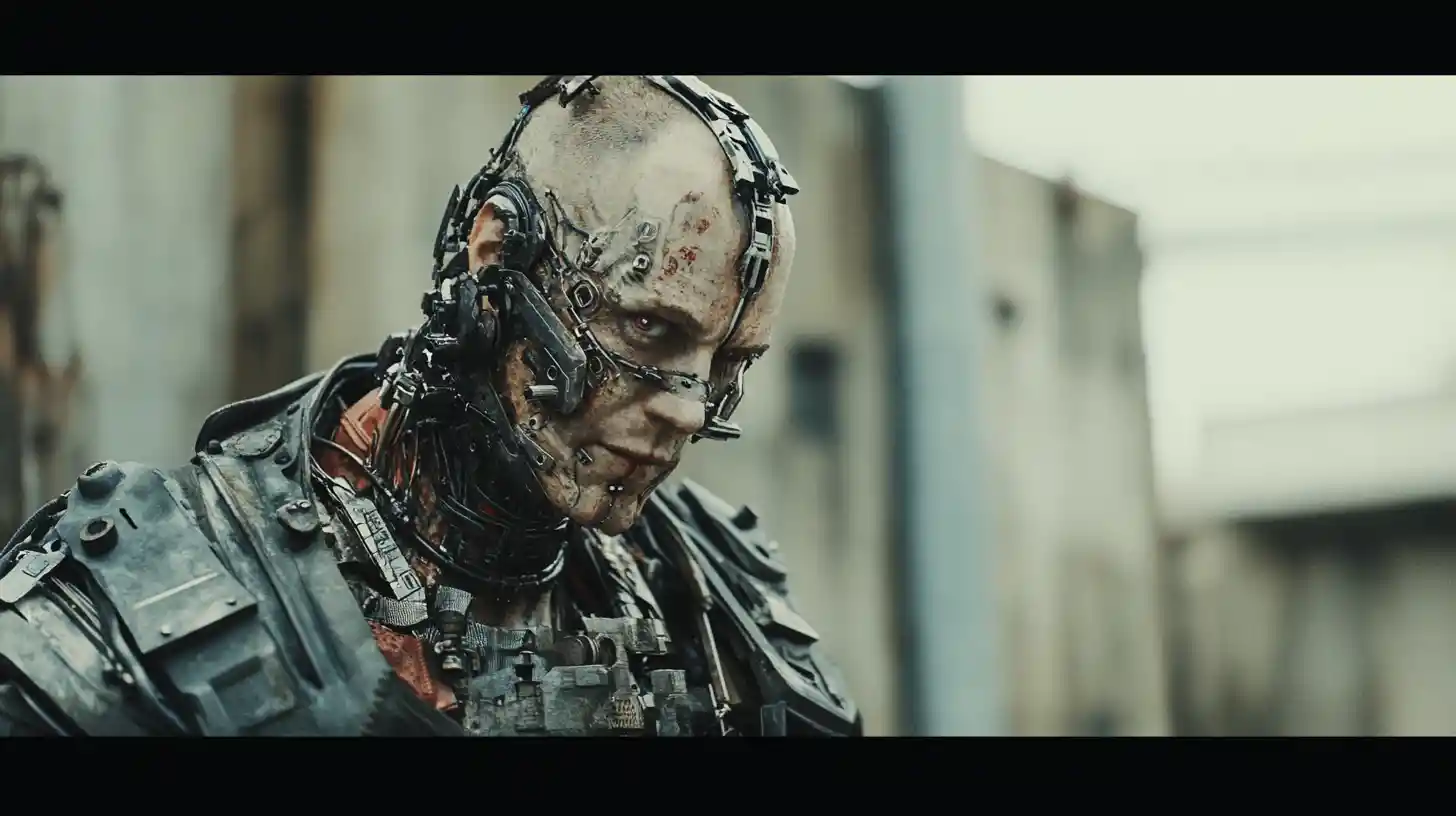 Comandante cyborg con torso meccanico in paesaggio urbano industriale