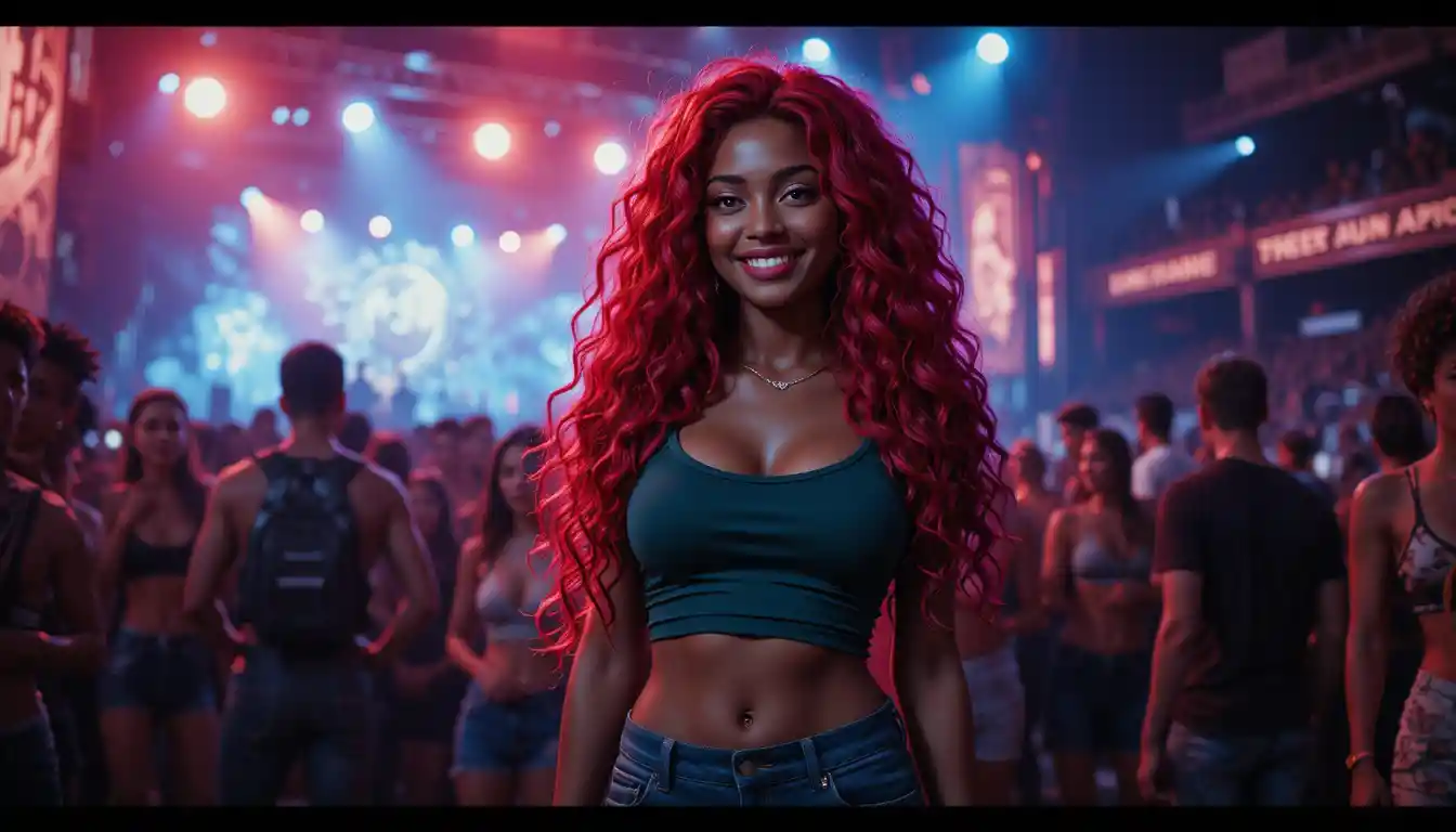 Femme souriante à un concert d’EDM en haut vert et short en jean