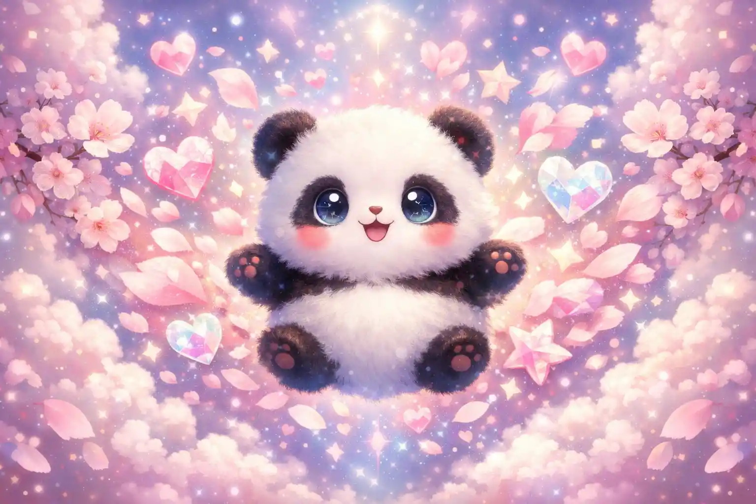 Cute round panda floating among pastel cherry blossoms