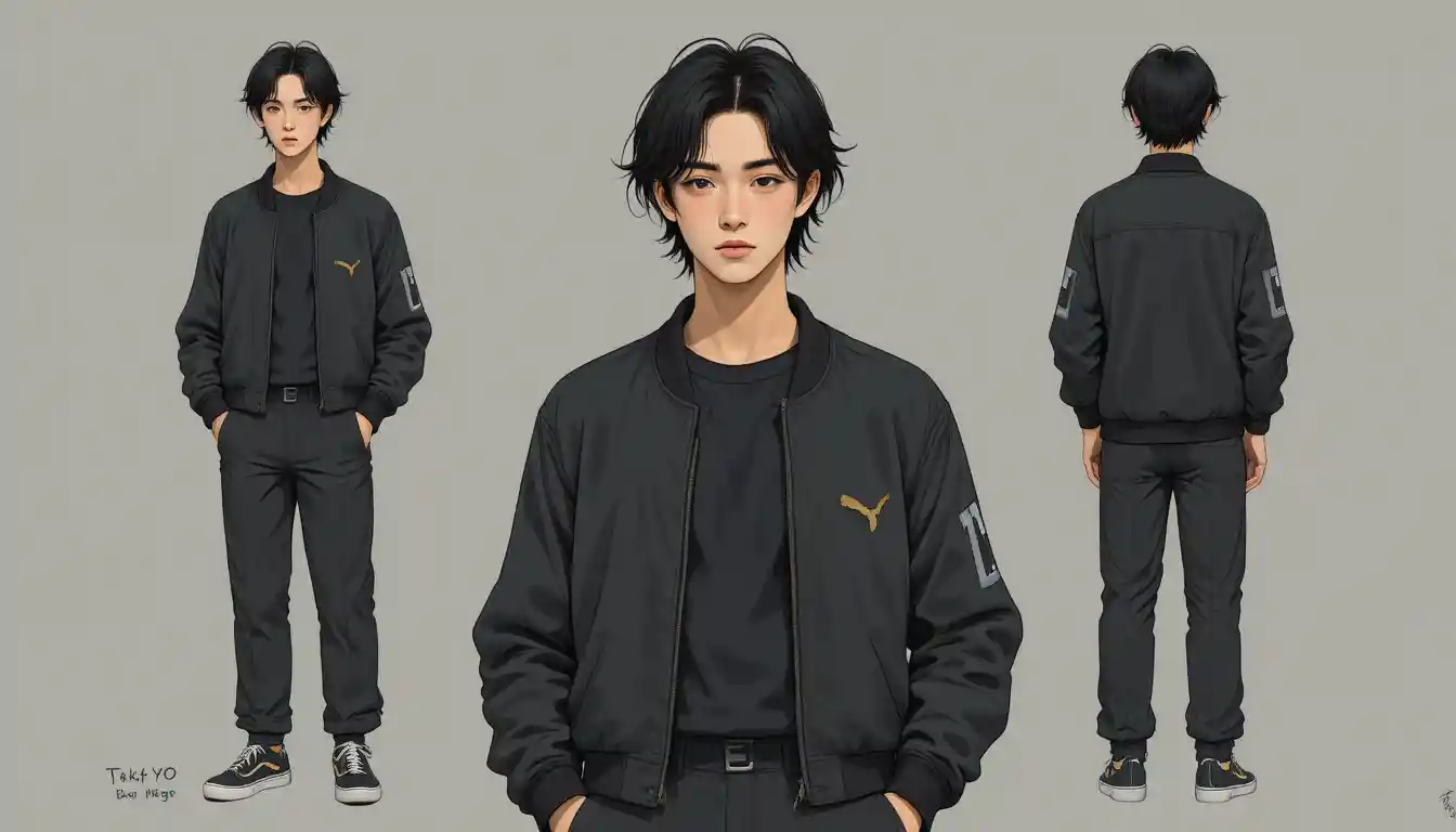 Intense young Japanese man in 1980s anime character style