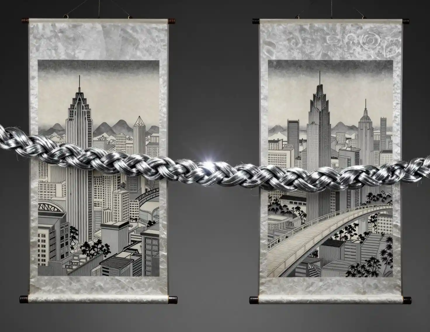Surreal floating bridge of braids between twin city scrolls