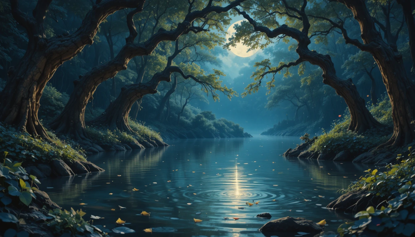 月夜魔幻森林池塘，閃耀水面與螢火蟲