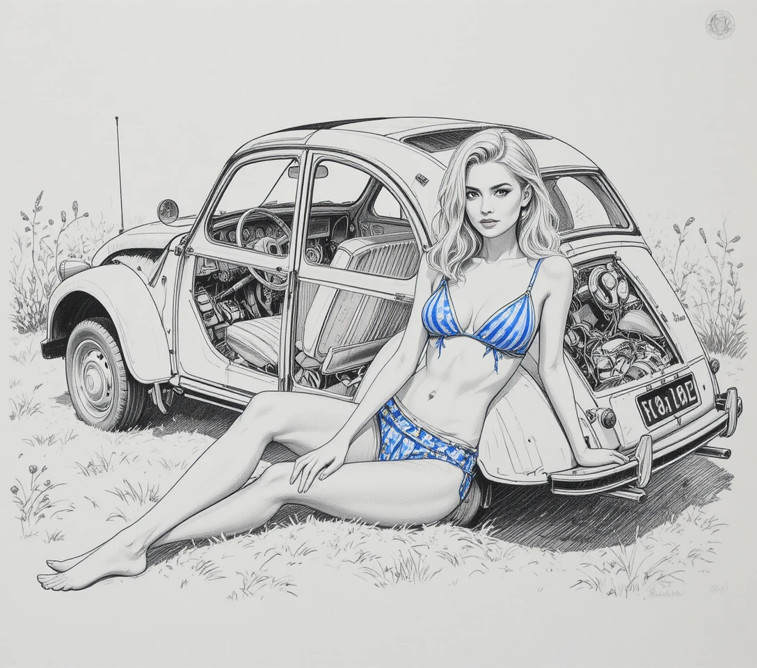 Technical cutaway drawing of a classic compact car