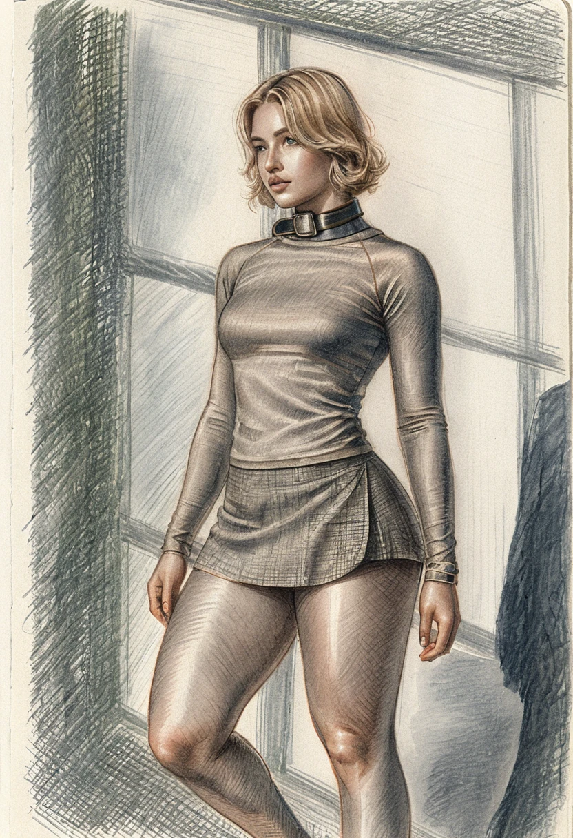 색연필로 그린 창가에 선 젊은 여성