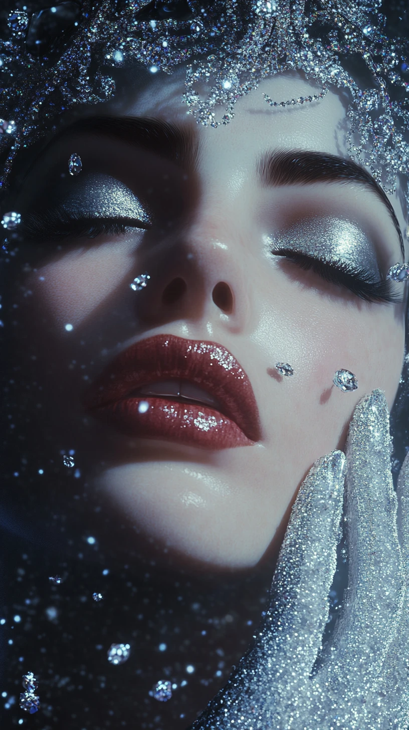 Donna gotica futuristica che sorride in un primo piano cosmico tempestato di gioielli