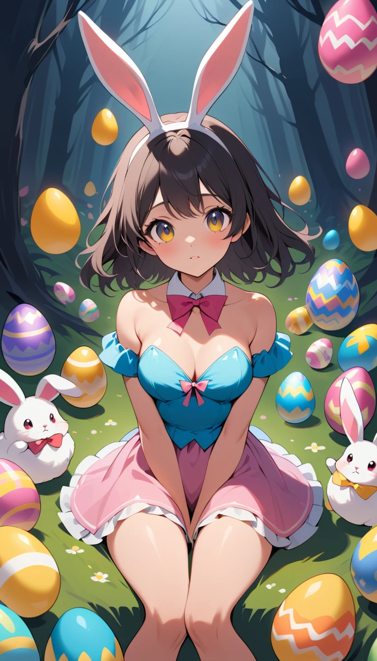 Giovane donna in costume da coniglietta di Pasqua nella foresta oscura