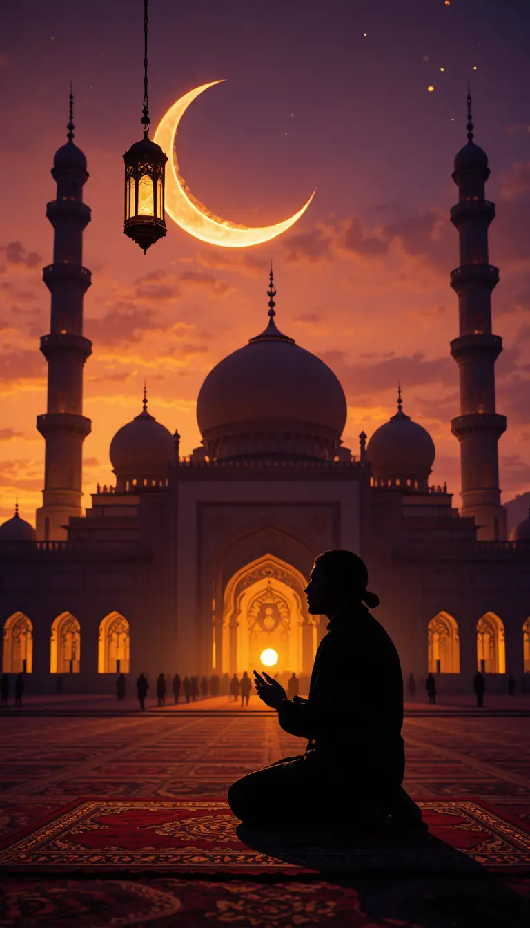 Muslim man in silhouette making dua at sunset
