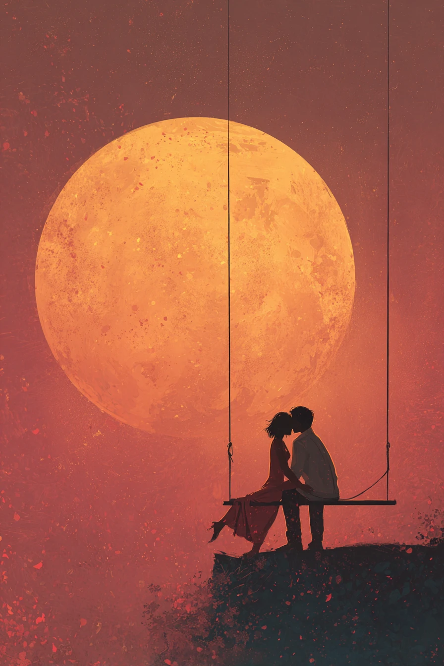 Amantes românticos se abraçando sob uma lua cheia dourada e brilhante