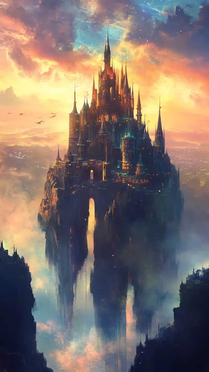 Castello fantasy etereo che si innalza in un cielo dorato e nebbioso