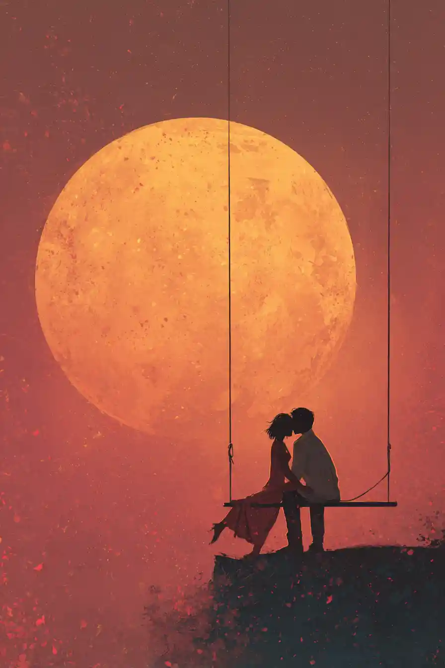 Amantes románticos abrazándose bajo una brillante luna llena dorada