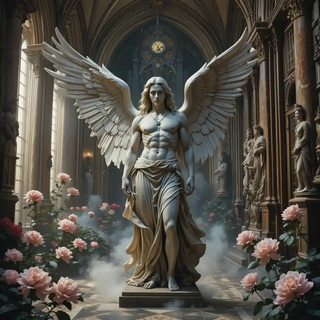 Impasto painting of a baroque stone angel in cathedral