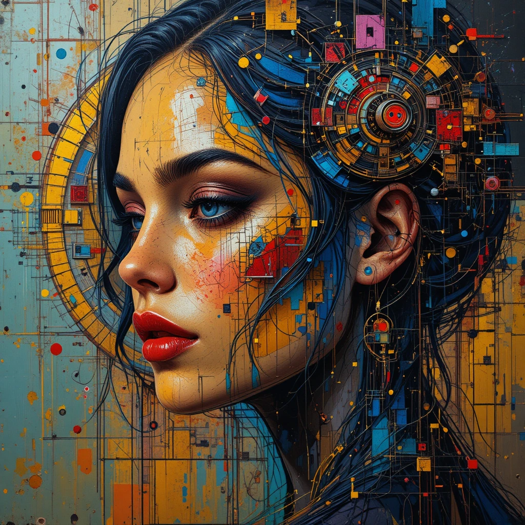 Abstract portrait of a latina woman fused with ai patterns