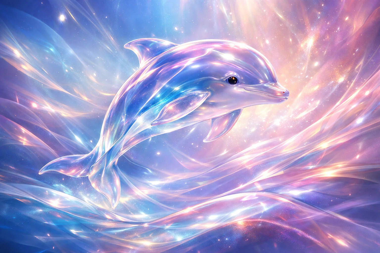 Abstract glass dolphin flowing through luminous ocean colors