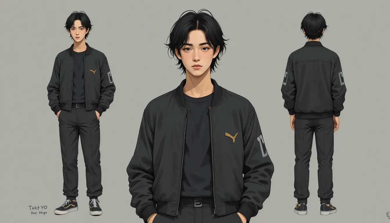 Jeune Japonais intense dans le style d’un personnage d’anime des années 1980