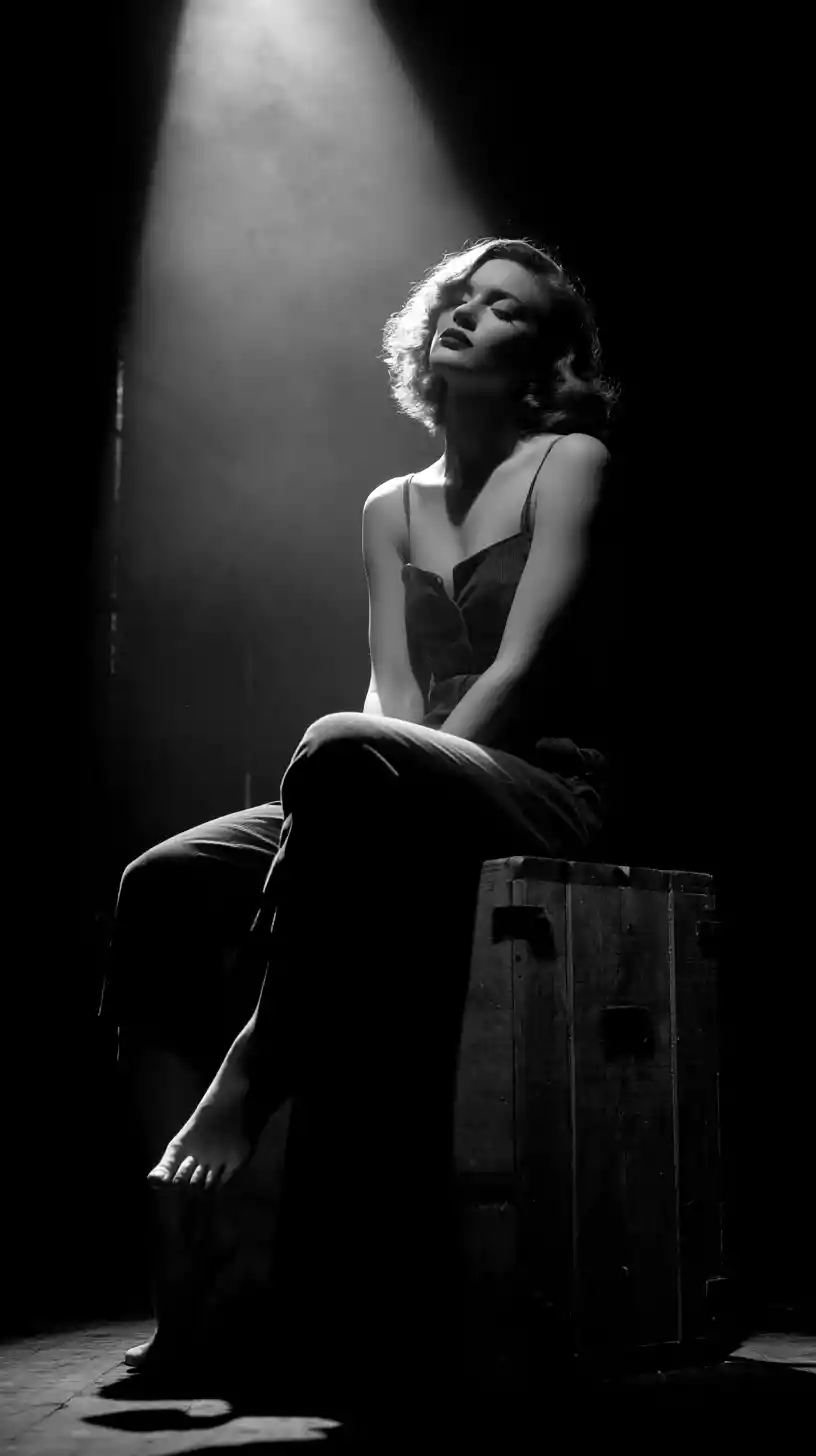 Barefoot woman on wooden crate in moody noir lighting