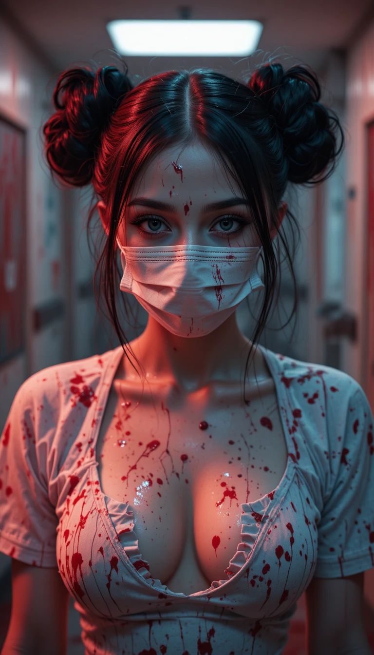 Donna con maschera insanguinata in un oscuro corridoio d’ospedale