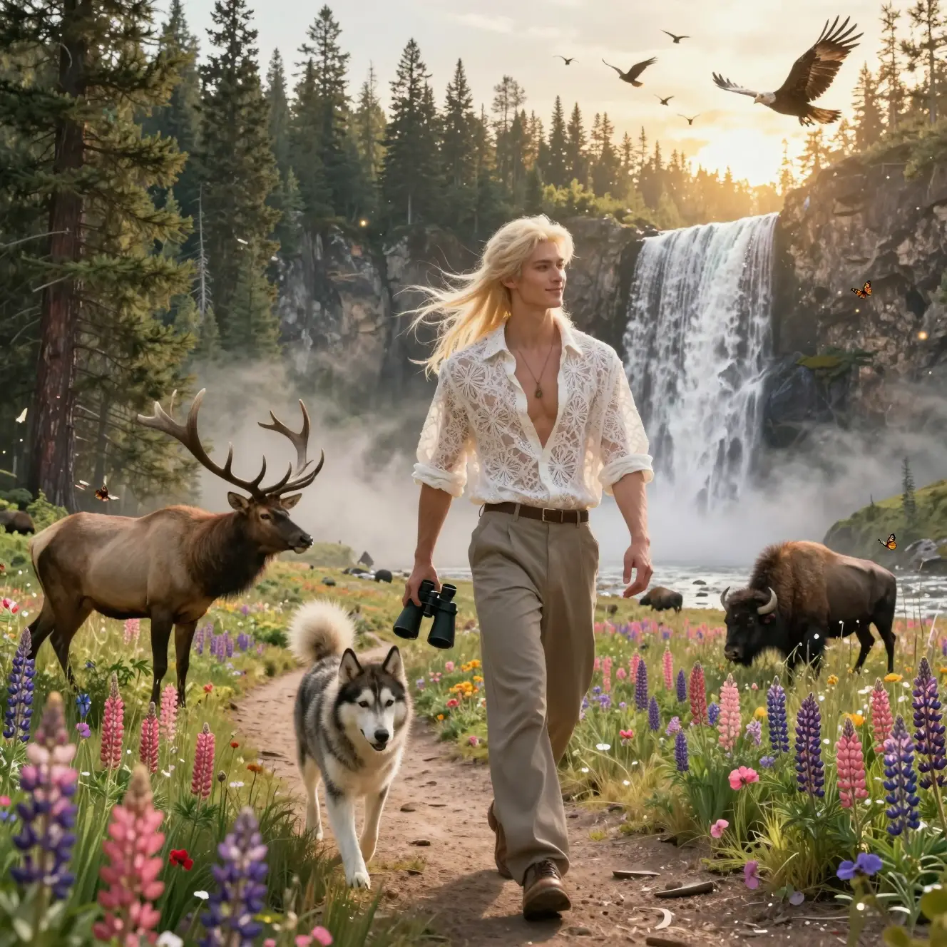 Hombre rubio con husky caminando por un bosque de pinos bañado por el sol