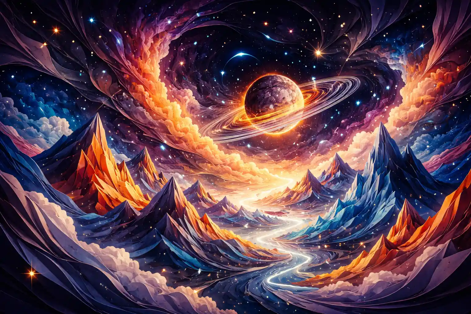 Papercraft cosmic nebula landscape with floating mountains