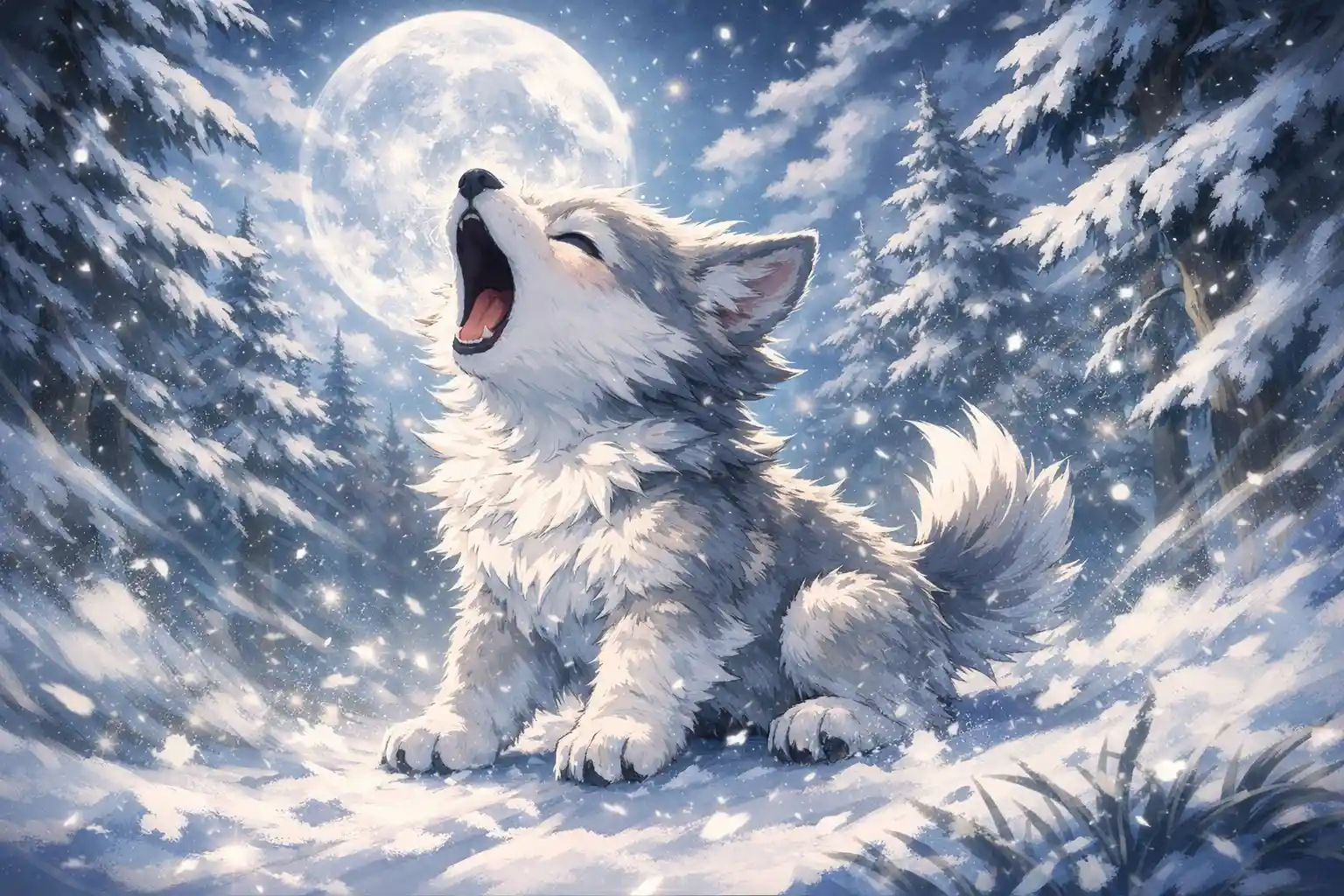 Baby wolf pup howling under glowing moon in snowy forest