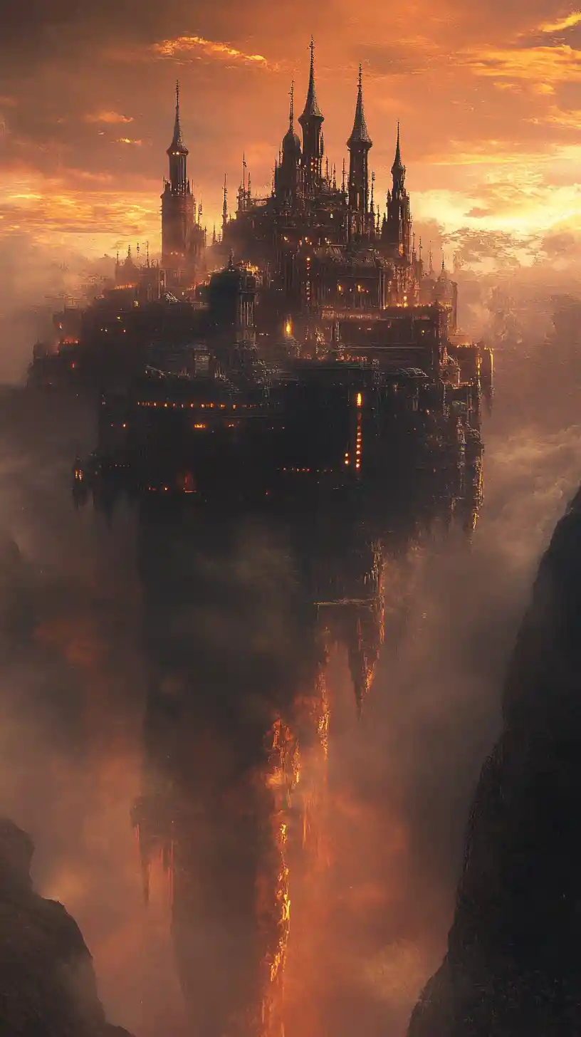 Ethereal castle rising through a golden misty sky