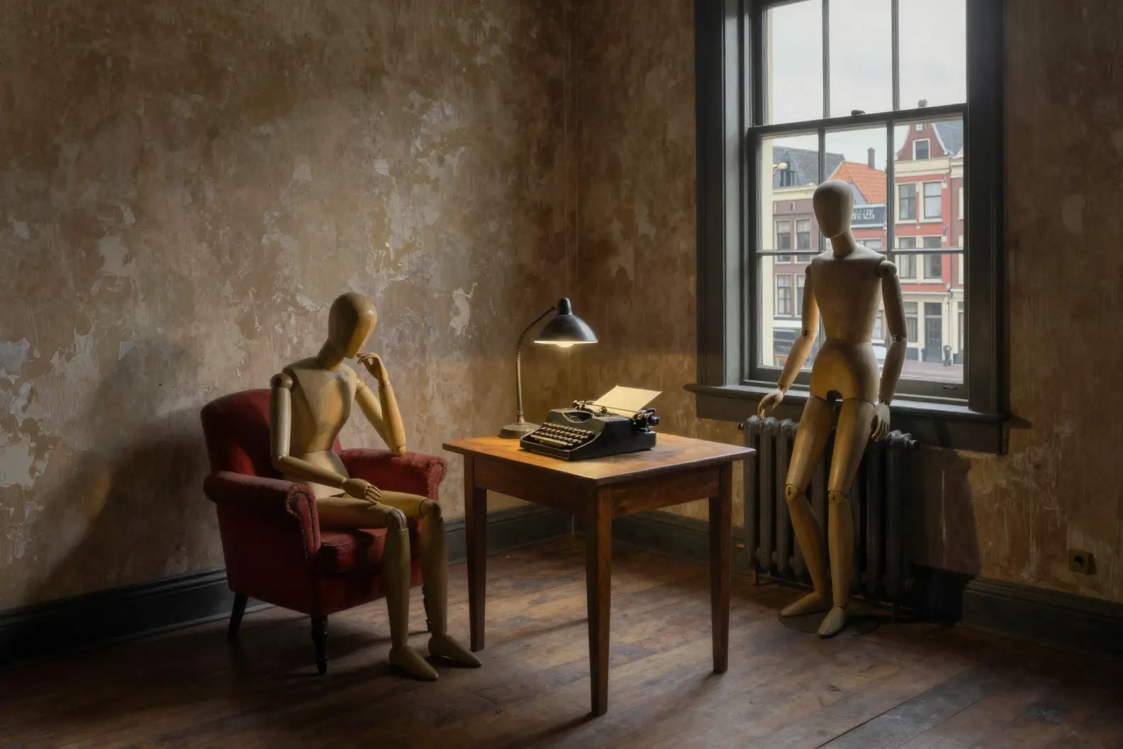 Oil painting of mannequins in a decaying writer room