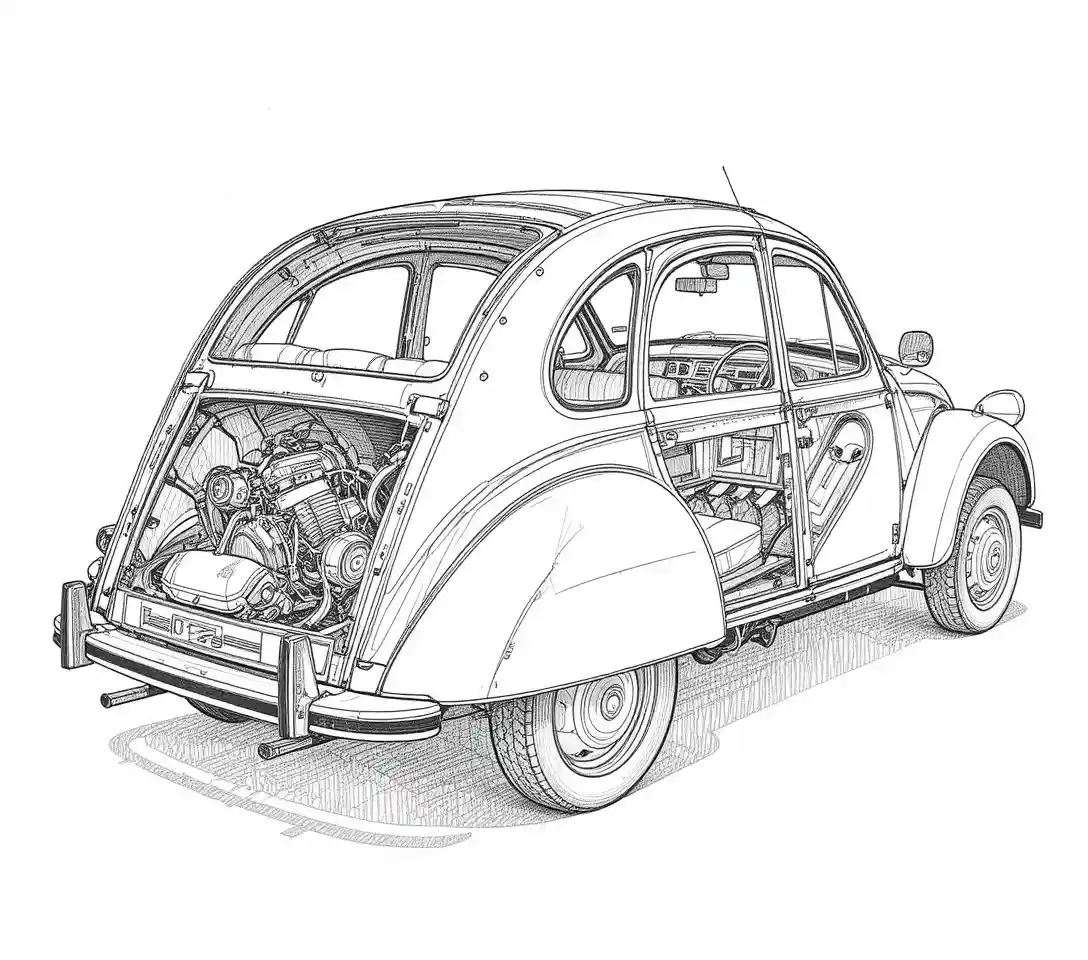 Disegno tecnico in sezione di un'auto classica in vista isometrica