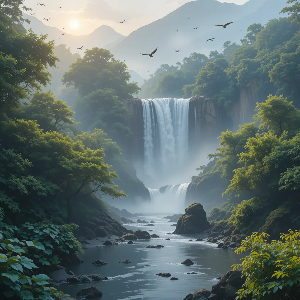 Cascata cinematografica nella foresta con fiume e raggi di sole