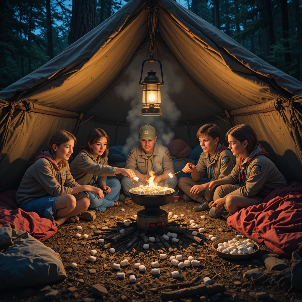 Boy Scout lantern glowing at a cozy outdoor campsite
