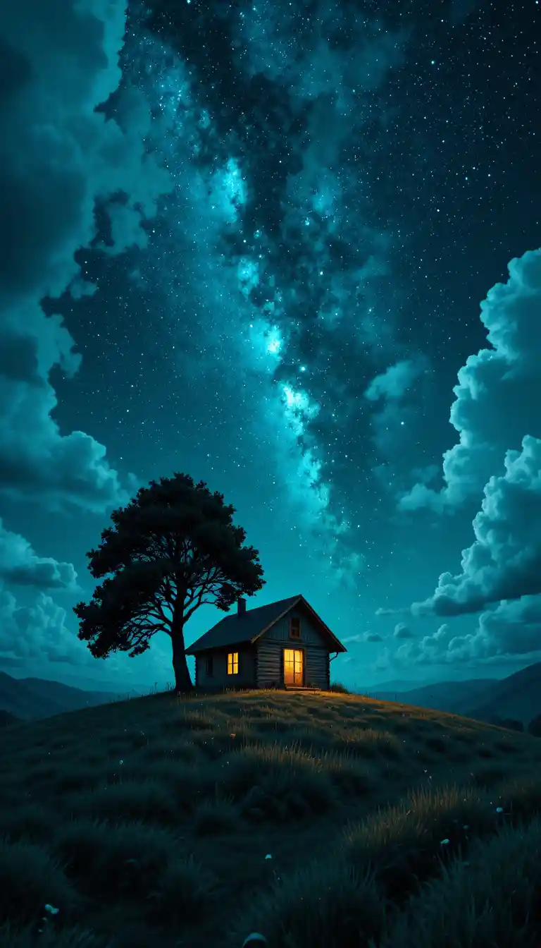 Lonely hilltop cabin under a teal star filled night sky