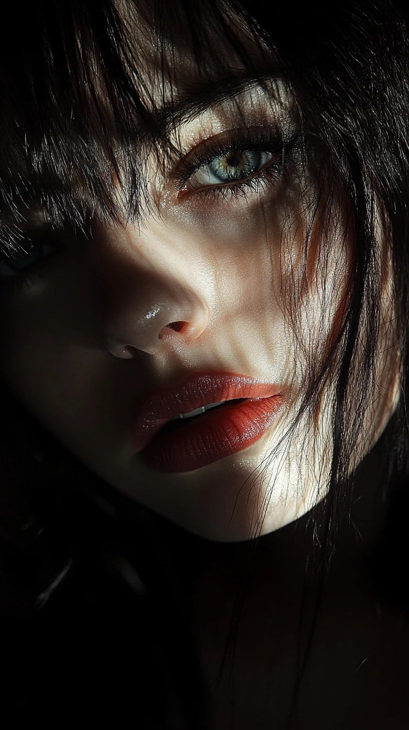 Donna gotica in chiaroscuro con penetranti occhi azzurri