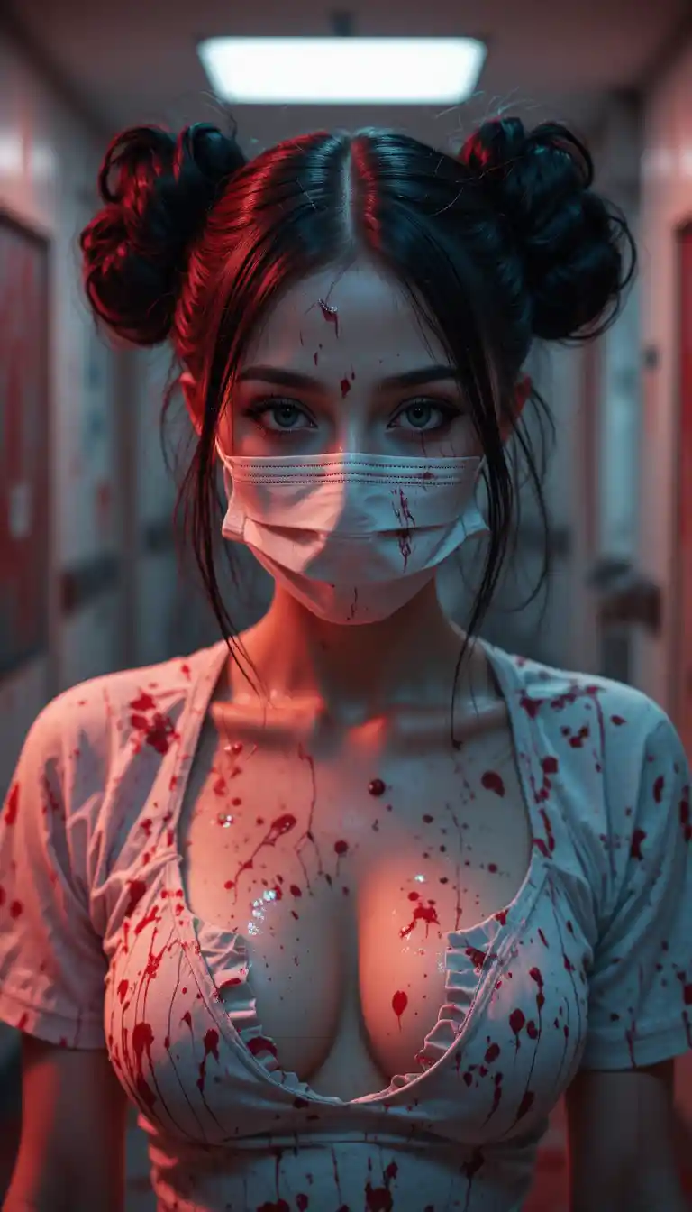 Donna con maschera insanguinata in un oscuro corridoio d’ospedale