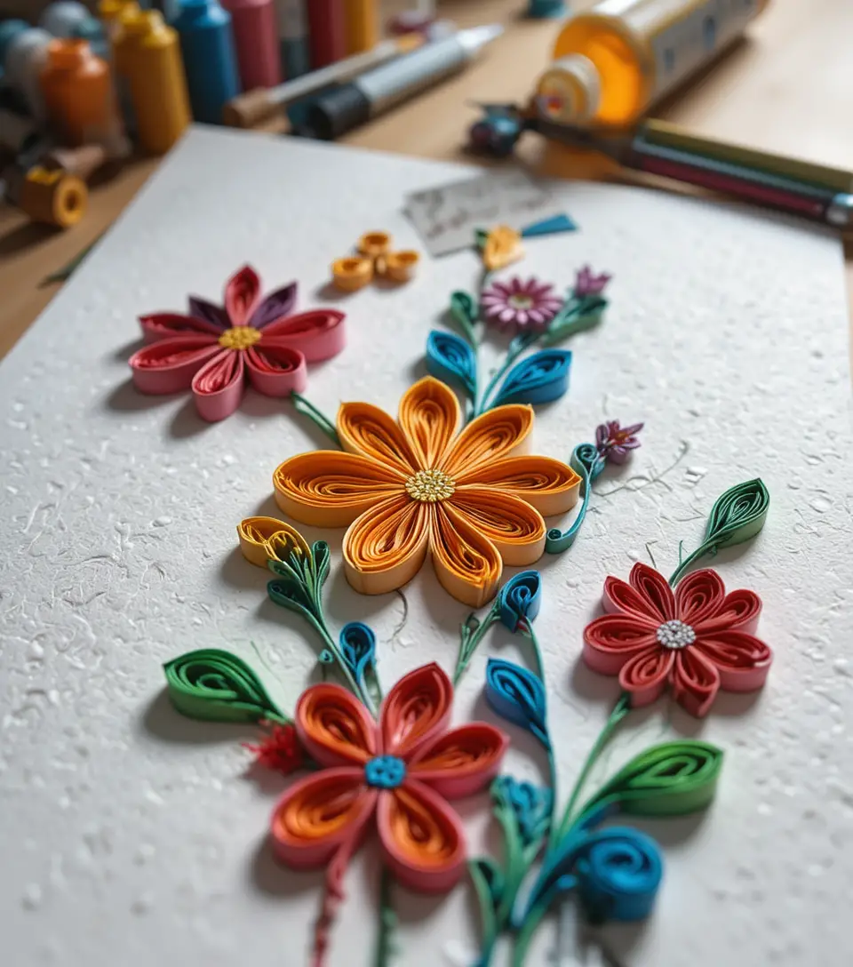 Farbenfrohe Quilling-Papierkunst auf strukturiertem weißen Hintergrund