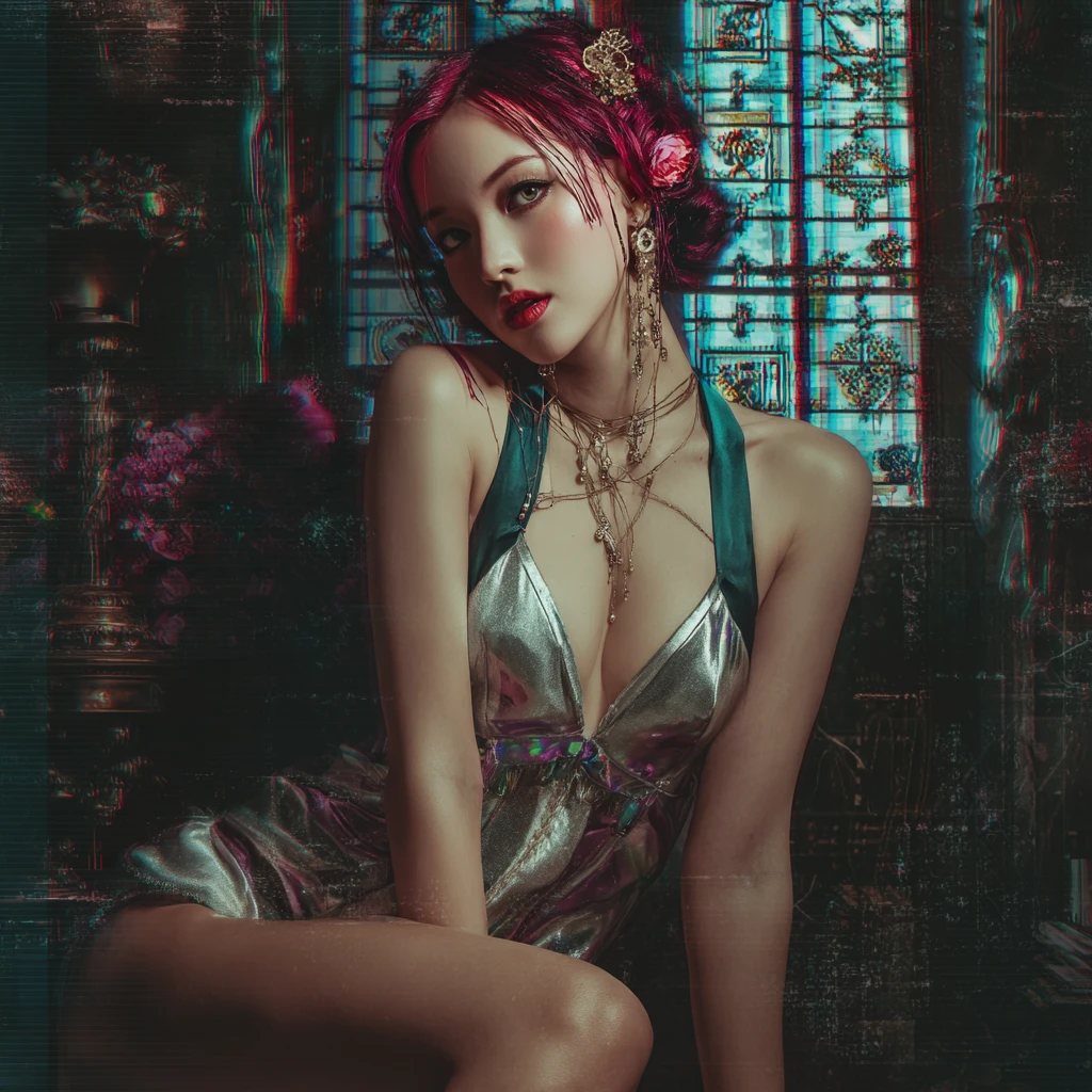 Cyber geisha woman in gothic studio at golden hour