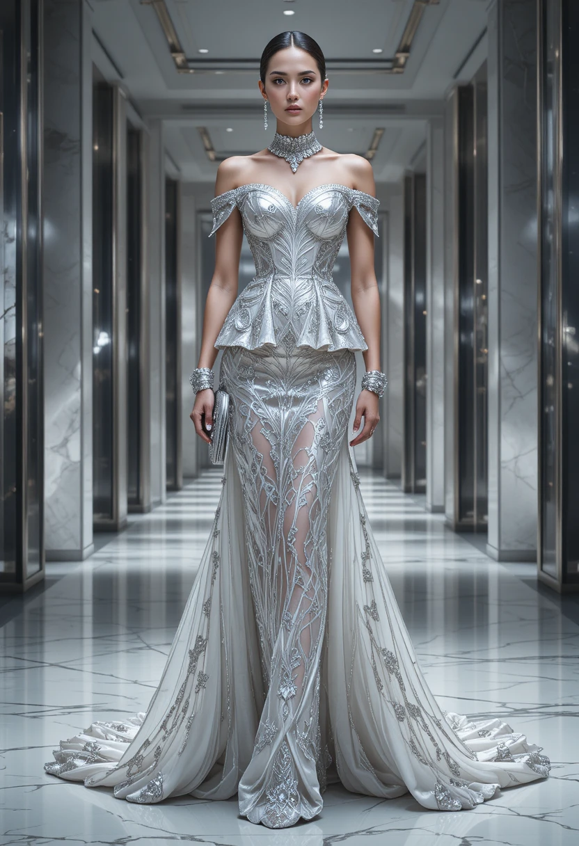 Elegante donna couture in abito da sera scultoreo color platino