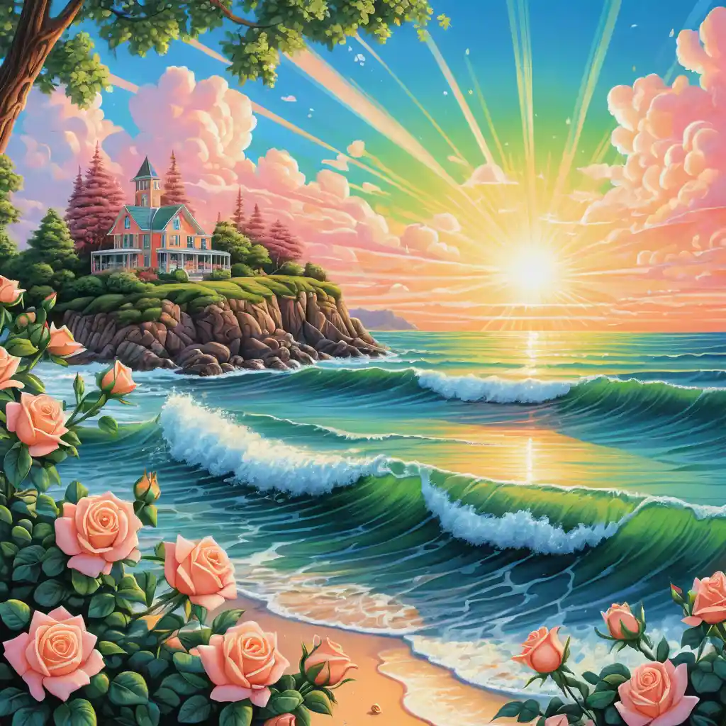 Summer seascape with roses and sunlit sky in pastel hues