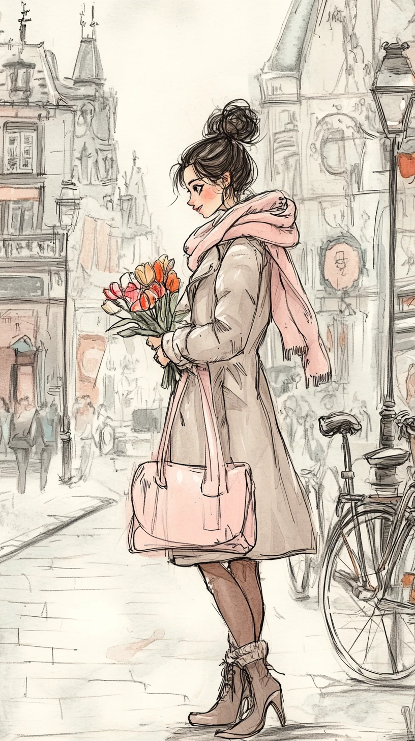 Joven con tulipanes en una encantadora calle europea