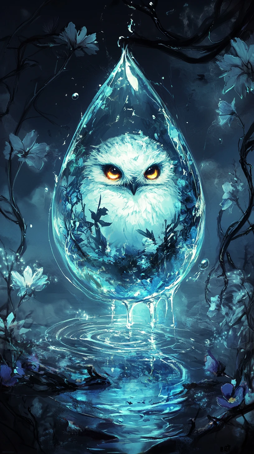Búho blanco encerrado en una gota de agua mística y luminosa