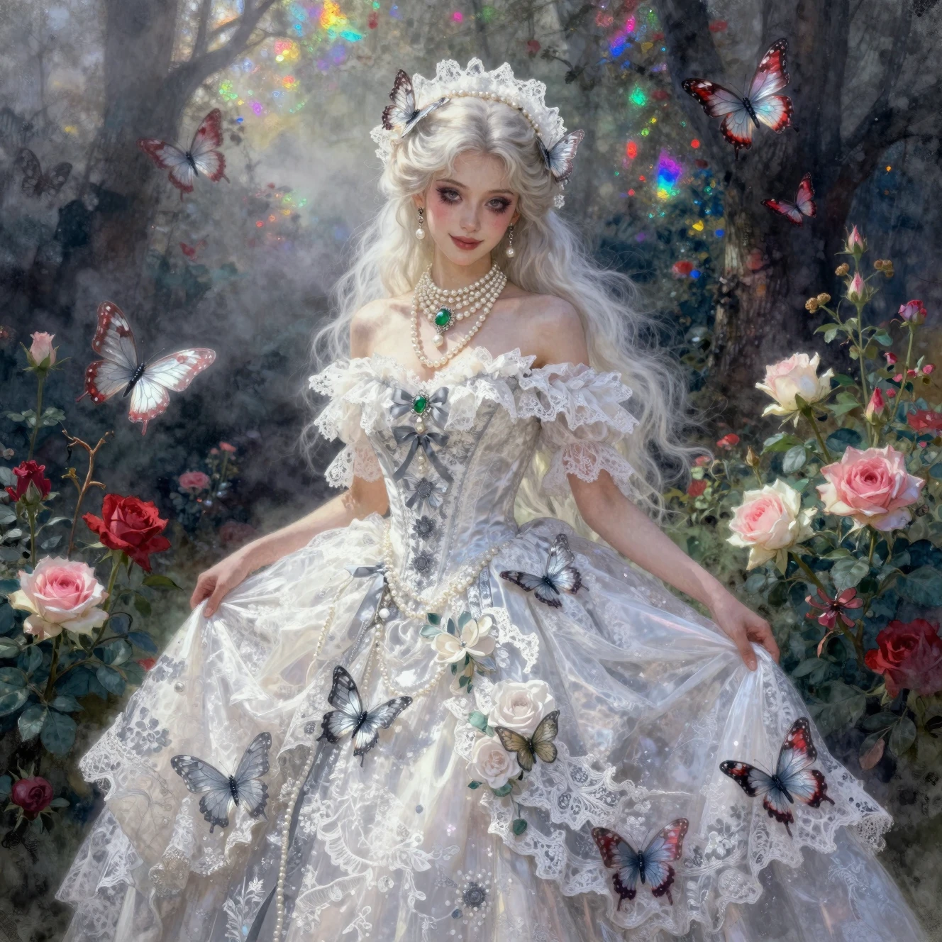 Dreamy blonde noble girl in lace gown among flowers