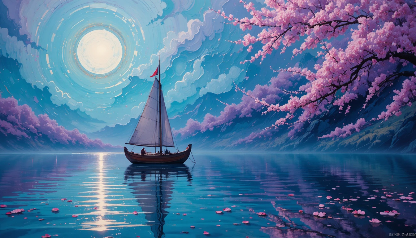 Sailboat On Moonlit Lake With Floating Cherry Blossoms