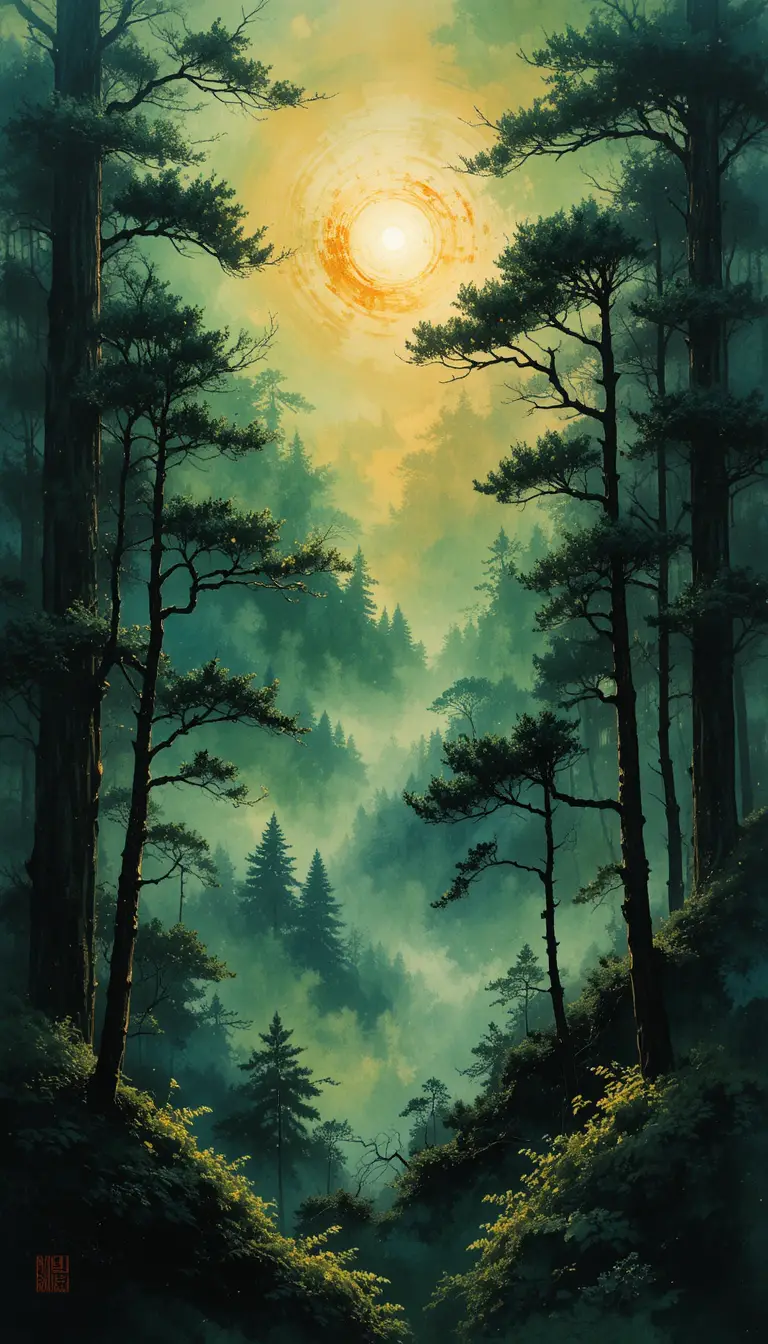 Zen forest ink painting with sunrise and deep shadows