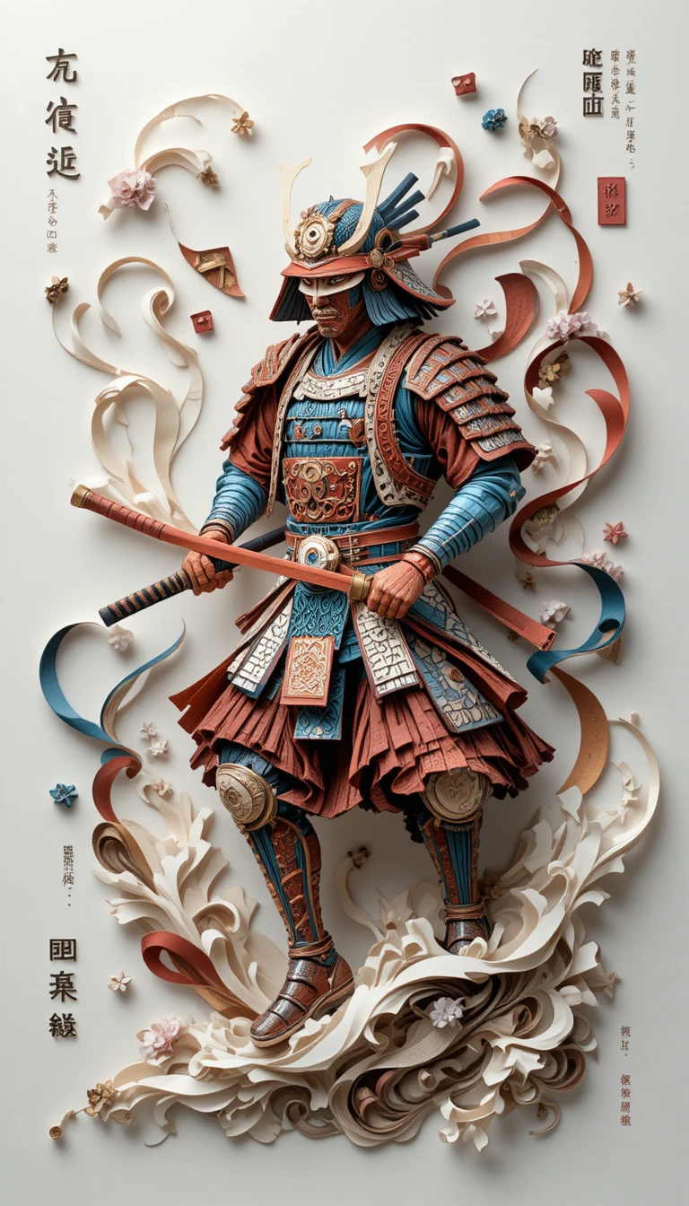Sculpture de samouraï en papier dans un mouvement diagonal dynamique