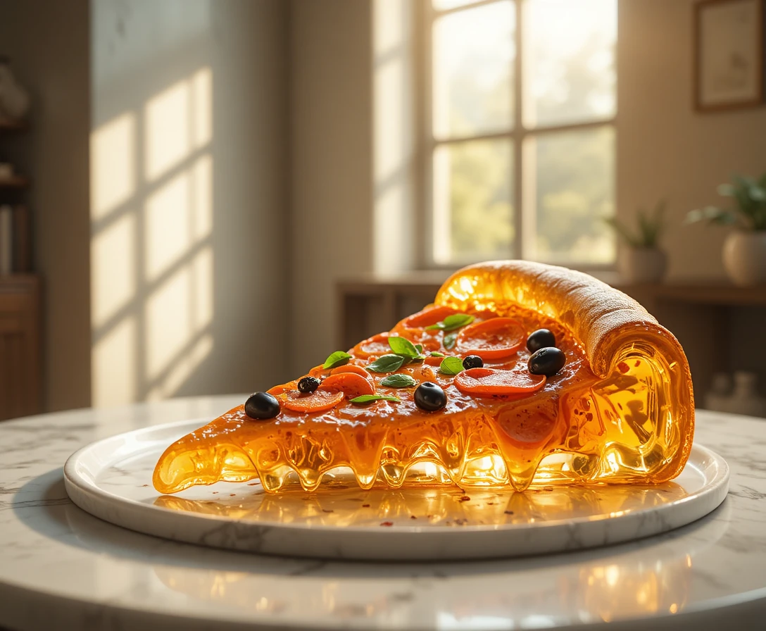 Close up of translucent glass pizza slice on marble plate