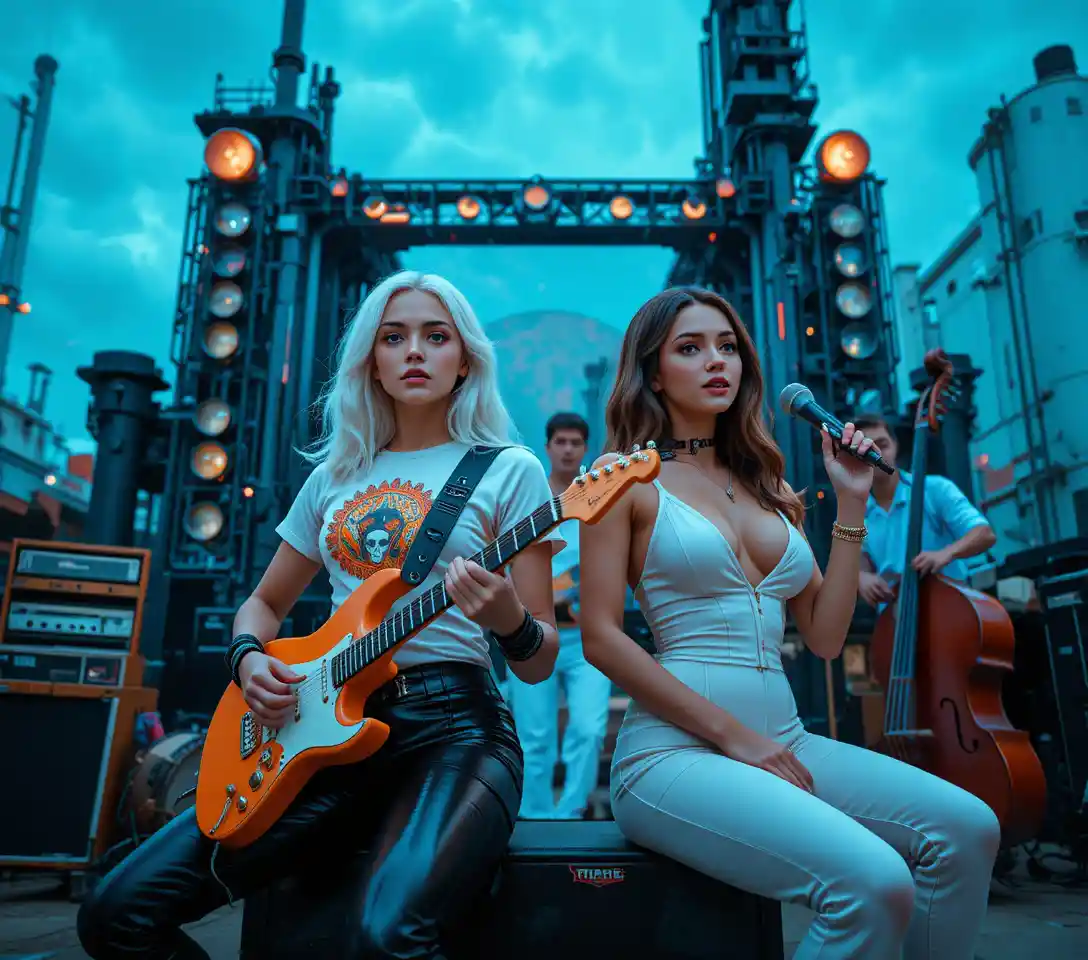 Two cyberpunk women ready for action in neon cityscape