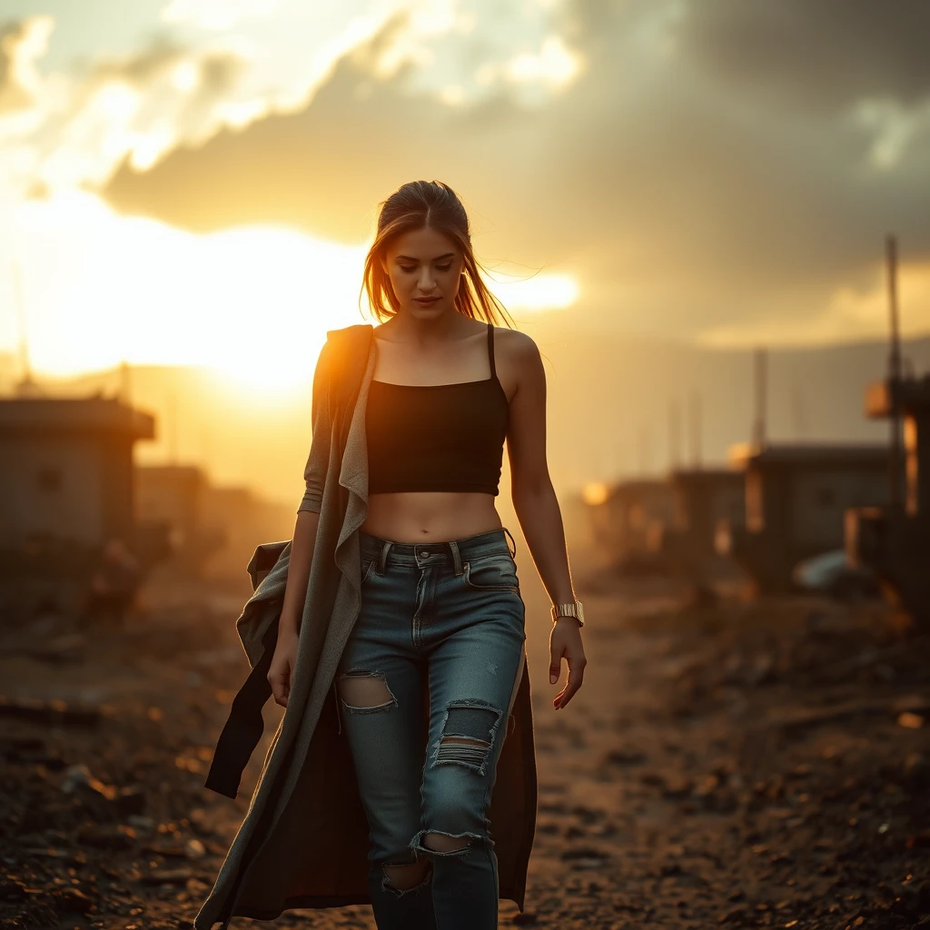 Joven caminando sola por un campo de batalla al amanecer
