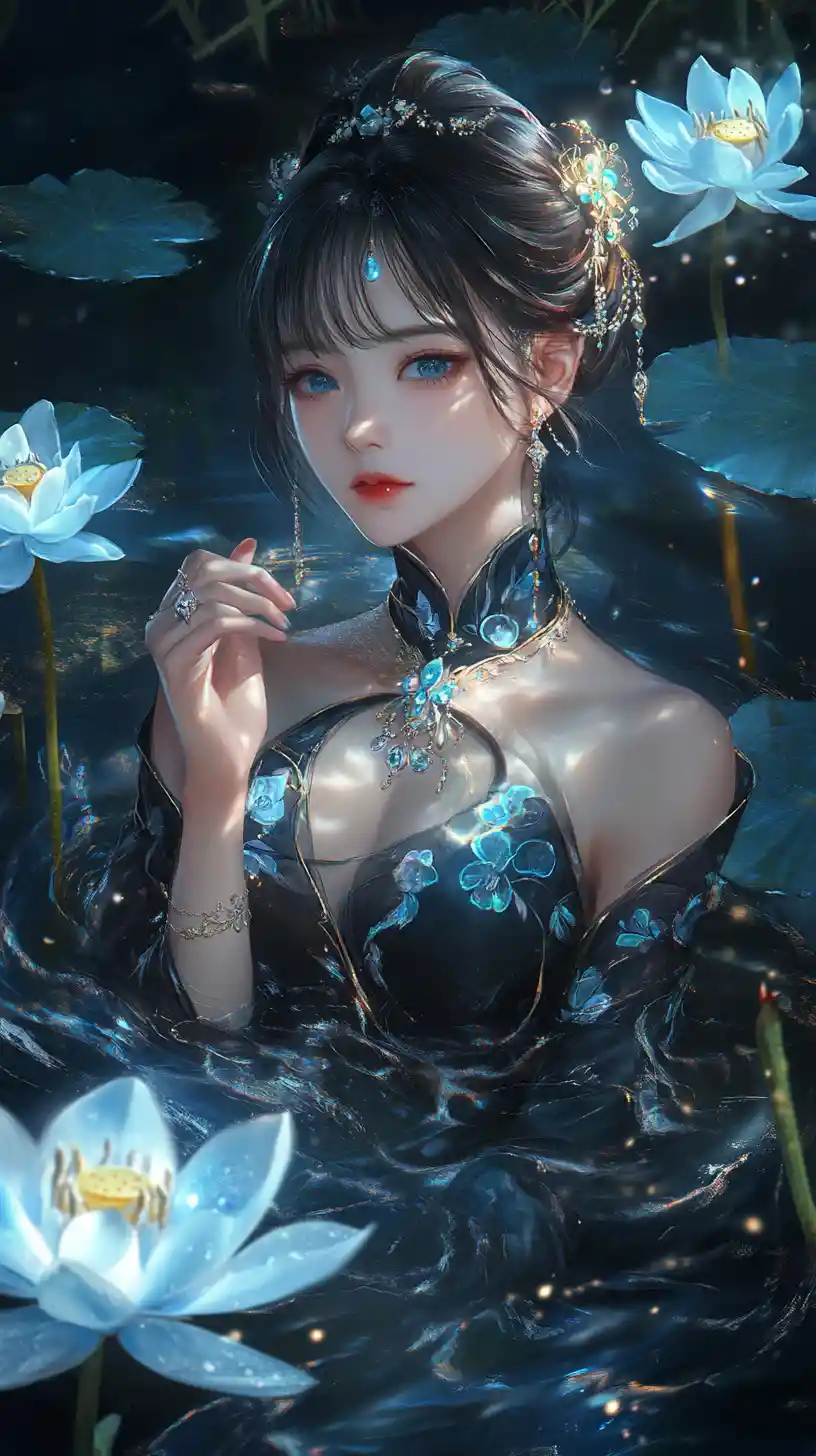 Elegante donna in qipao nero tra lotti blu luminosi