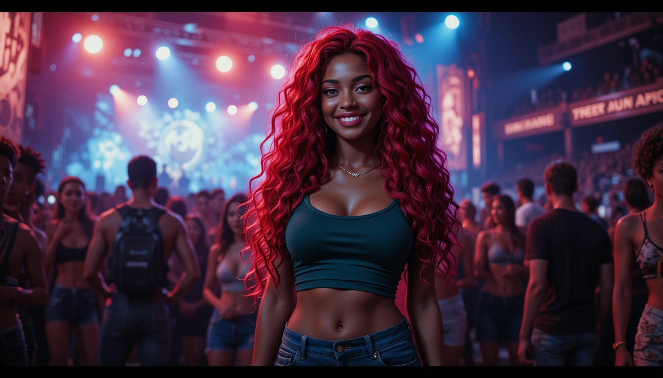 Smiling woman at EDM show in green top and jean shorts