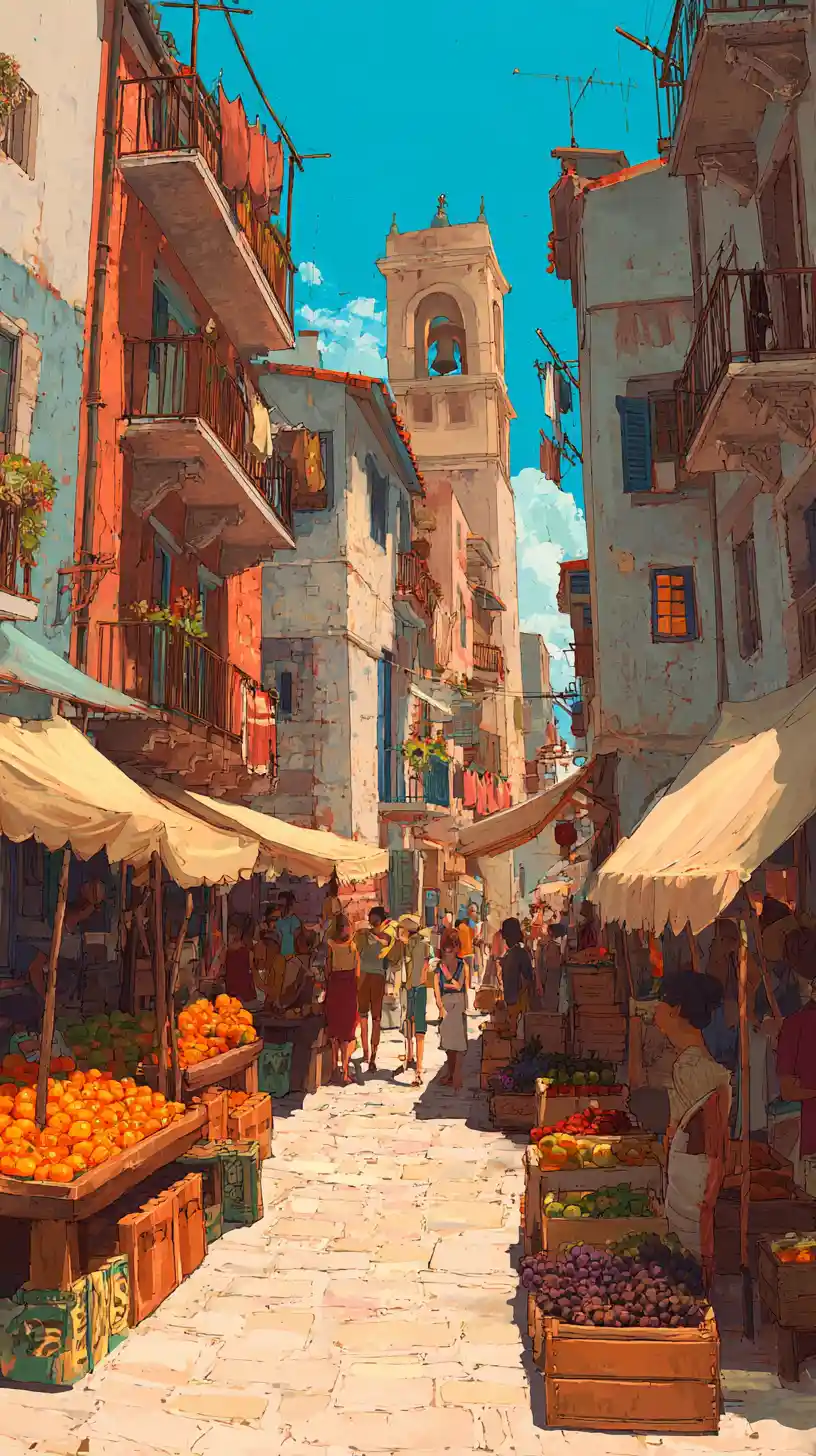 Vivace mercato di strada mediterraneo con edifici illuminati dal sole