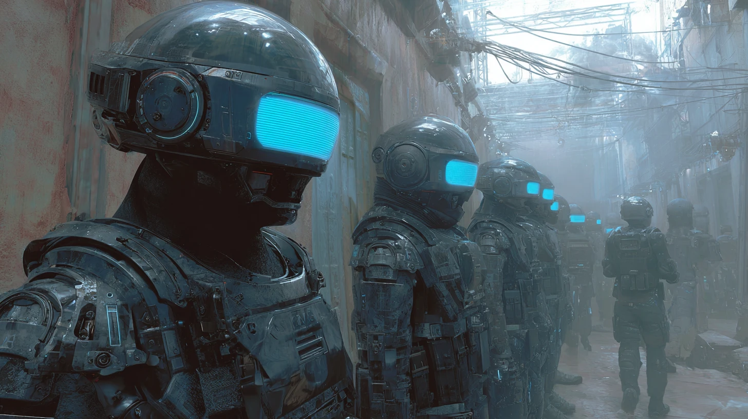 Latino-Häftlinge, bewacht von robotischen Cyber-Wärtern im Gefängnis